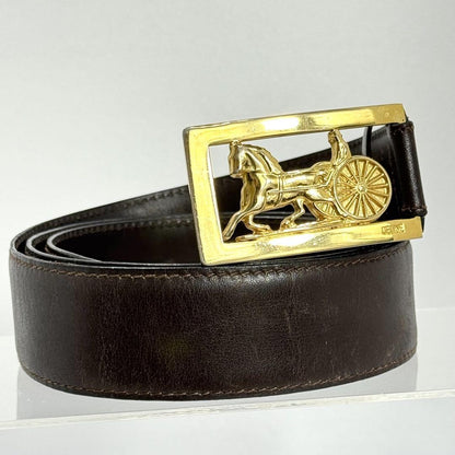 CELINE Men's Belt Horse carriage Dark Brown Gold Leather Authentic