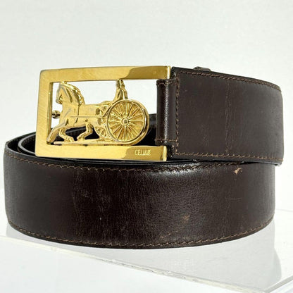 CELINE Men's Belt Horse carriage Dark Brown Gold Leather Authentic