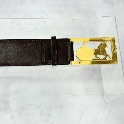CELINE Men's Belt Horse carriage Dark Brown Gold Leather Authentic