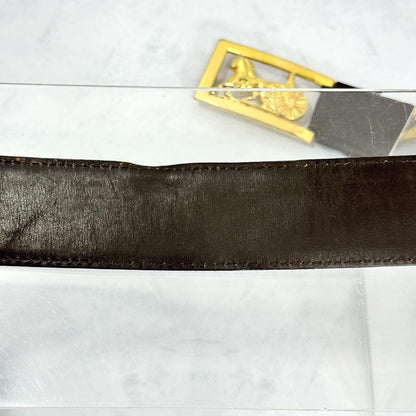 CELINE Men's Belt Horse carriage Dark Brown Gold Leather Authentic