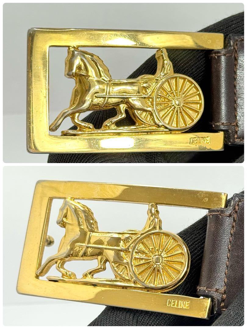 CELINE Men's Belt Horse carriage Dark Brown Gold Leather Authentic