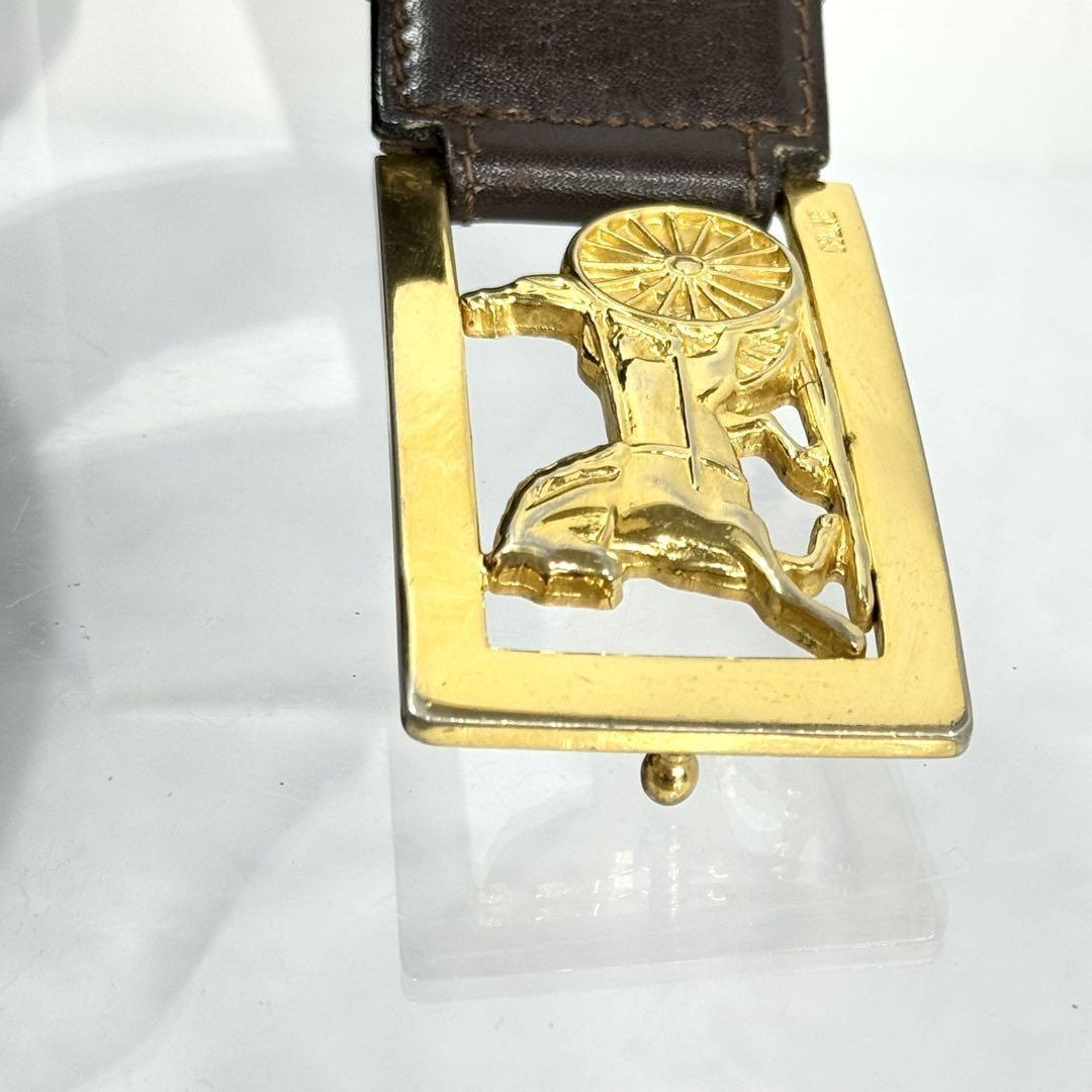 CELINE Men's Belt Horse carriage Dark Brown Gold Leather Authentic
