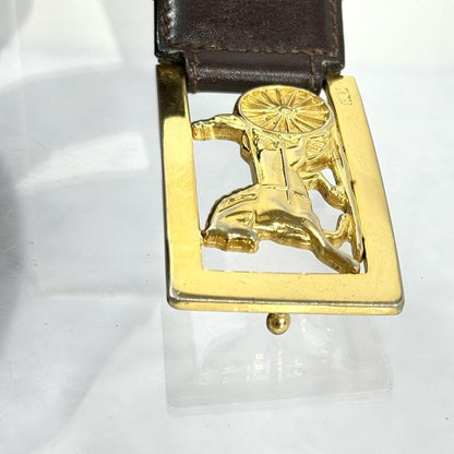 CELINE Men's Belt Horse carriage Dark Brown Gold Leather Authentic
