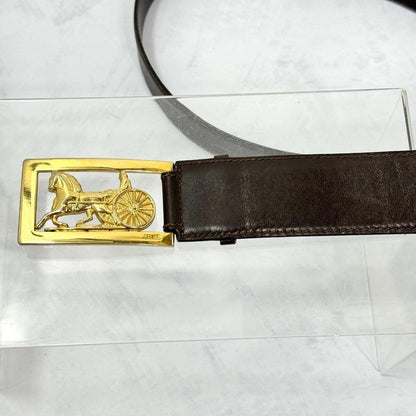CELINE Men's Belt Horse carriage Dark Brown Gold Leather Authentic