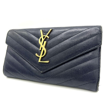 Saint Laurent Flap Wallet Long Purse YSL Cassandra Leather Navy Authentic