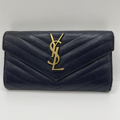 Saint Laurent Flap Wallet Long Purse YSL Cassandra Leather Navy Authentic