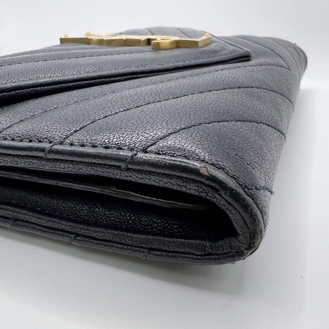 Saint Laurent Flap Wallet Long Purse YSL Cassandra Leather Navy Authentic