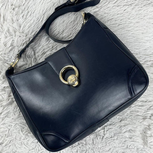 CELINE Shoulder Bag Purse Horse carriage Leather Navy Authentic