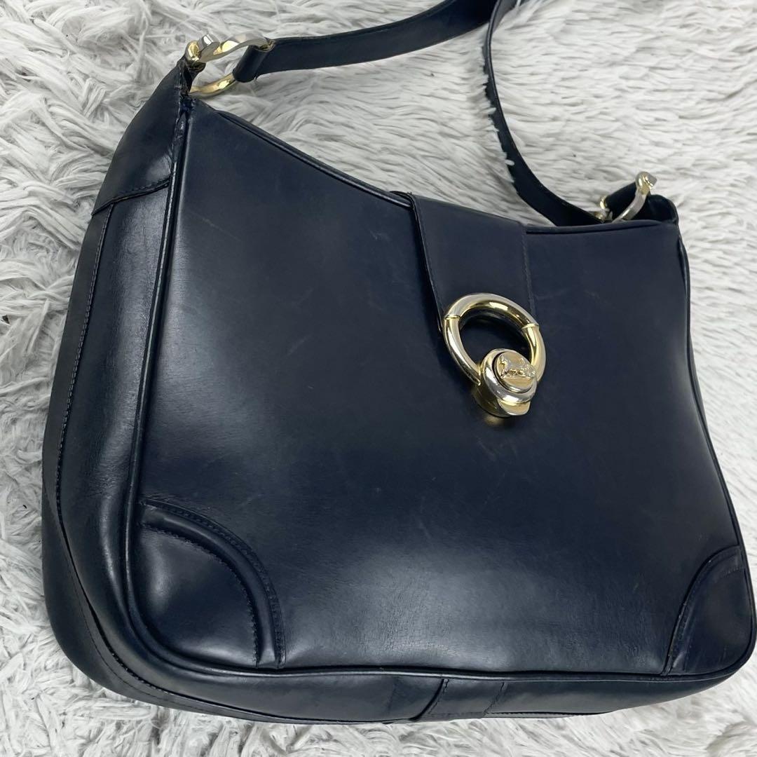 CELINE Shoulder Bag Purse Horse carriage Leather Navy Authentic