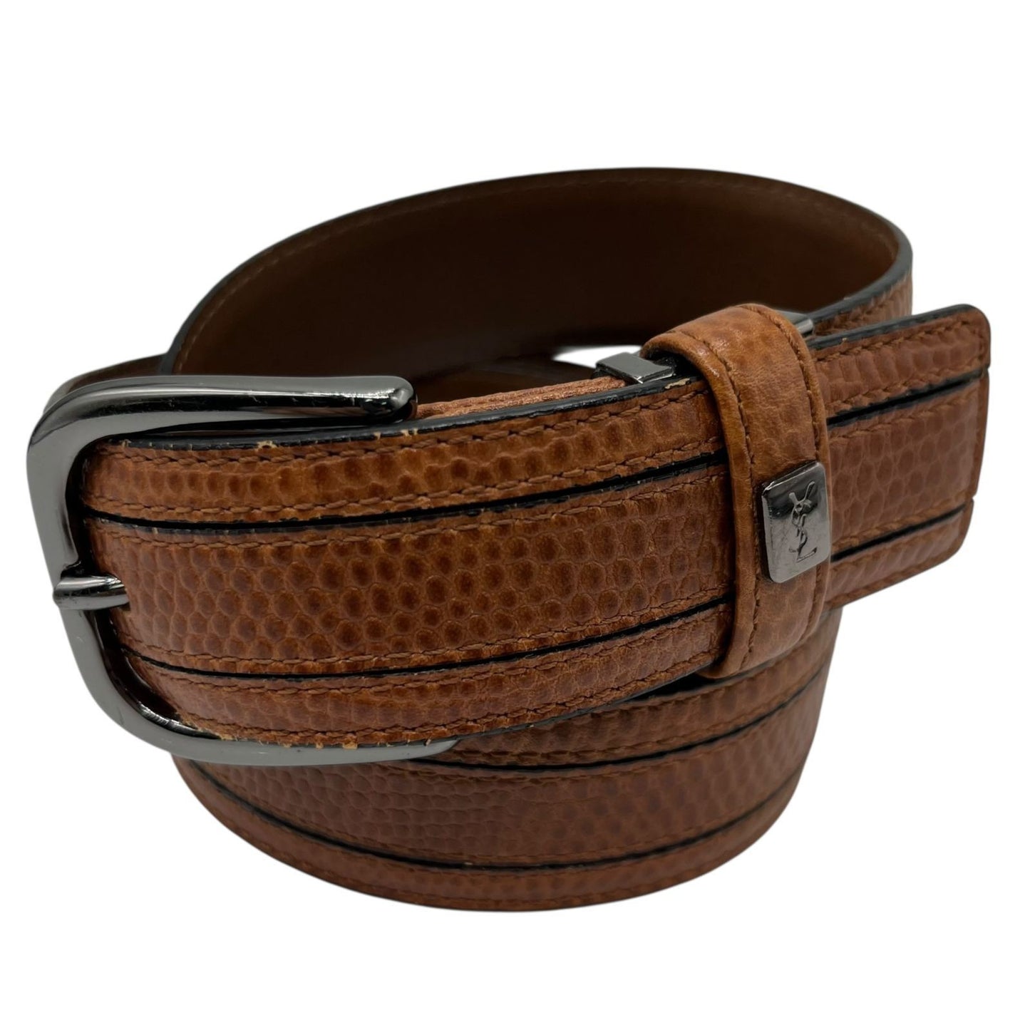 Saint Laurent Men's Belt YSL Cassandra Leather Brown Metallic Gray Authentic