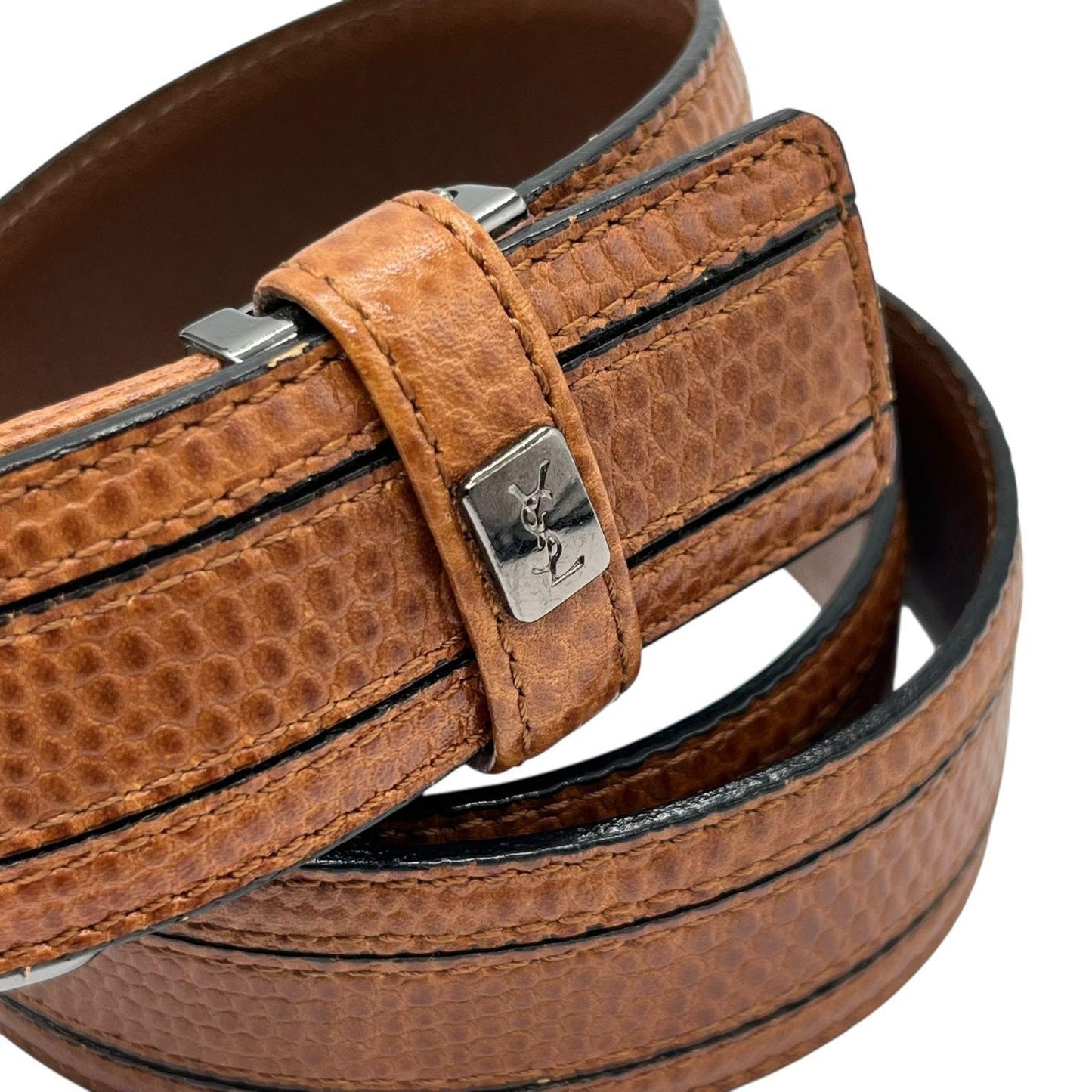 Saint Laurent Men's Belt YSL Cassandra Leather Brown Metallic Gray Authentic