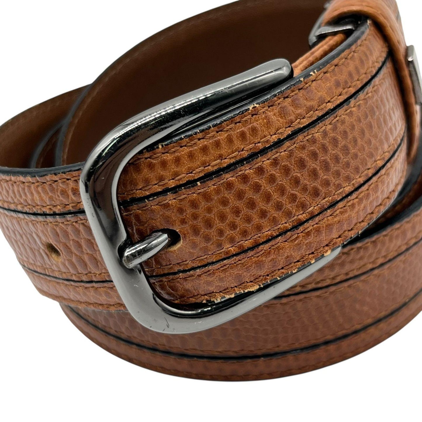 Saint Laurent Men's Belt YSL Cassandra Leather Brown Metallic Gray Authentic