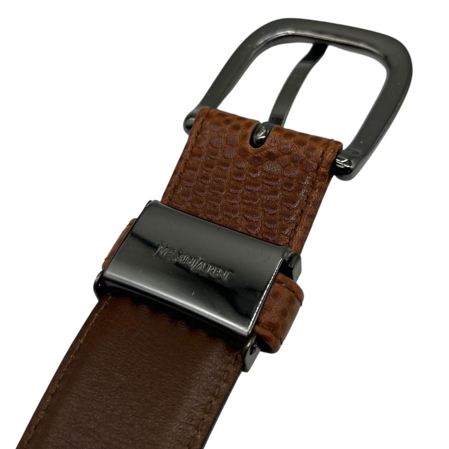 Saint Laurent Men's Belt YSL Cassandra Leather Brown Metallic Gray Authentic