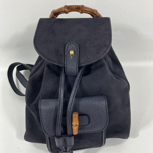 GUCCI Backpack Purse Suede Leather Navy Bamboo Used Unisex Authentic