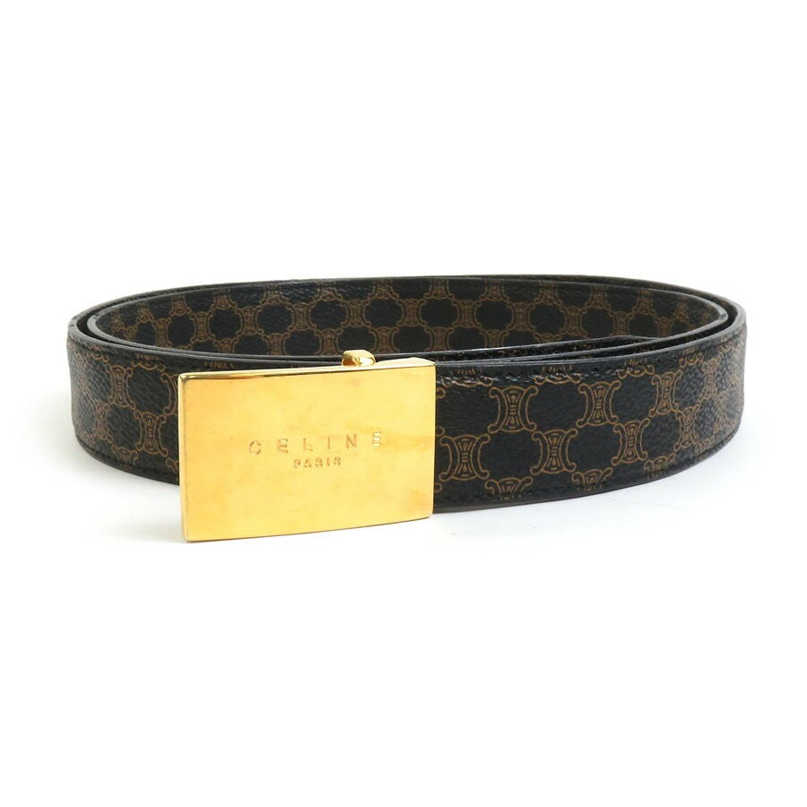CELINE Men's Belt Macadam PVC Metal Black Brown Gold Authentic