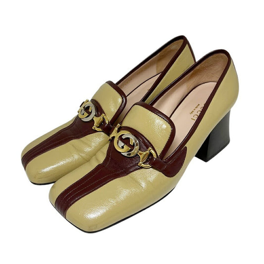 GUCCI Loafers Shoes Horse Bit EU 36.5 US 6.5 Leather Beige Red Authentic