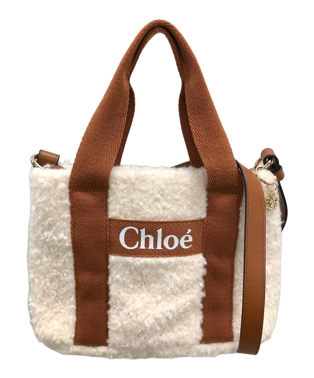 Chloe Hand Shoulder Bag Tote Purse 2way CHLOE KID Logo White Brown Authentic