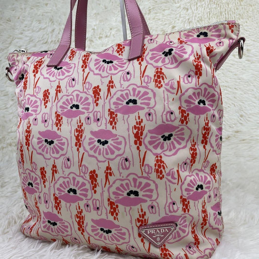 PRADA Hand Bag Tote Purse Logo Nylon Leather Pink Authentic