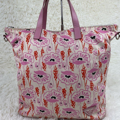 PRADA Hand Bag Tote Purse Logo Nylon Leather Pink Authentic