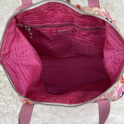 PRADA Hand Bag Tote Purse Logo Nylon Leather Pink Authentic