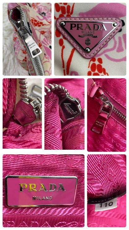 PRADA Hand Bag Tote Purse Logo Nylon Leather Pink Authentic