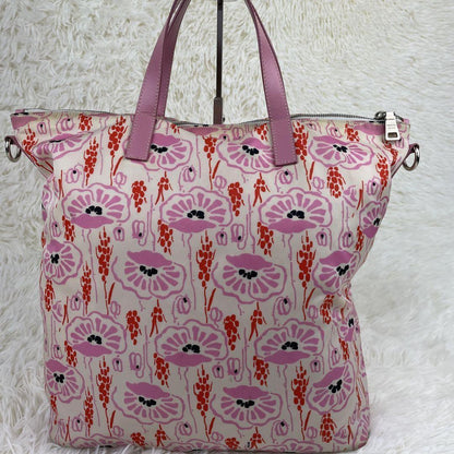 PRADA Hand Bag Tote Purse Logo Nylon Leather Pink Authentic