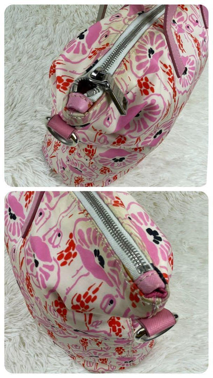 PRADA Hand Bag Tote Purse Logo Nylon Leather Pink Authentic