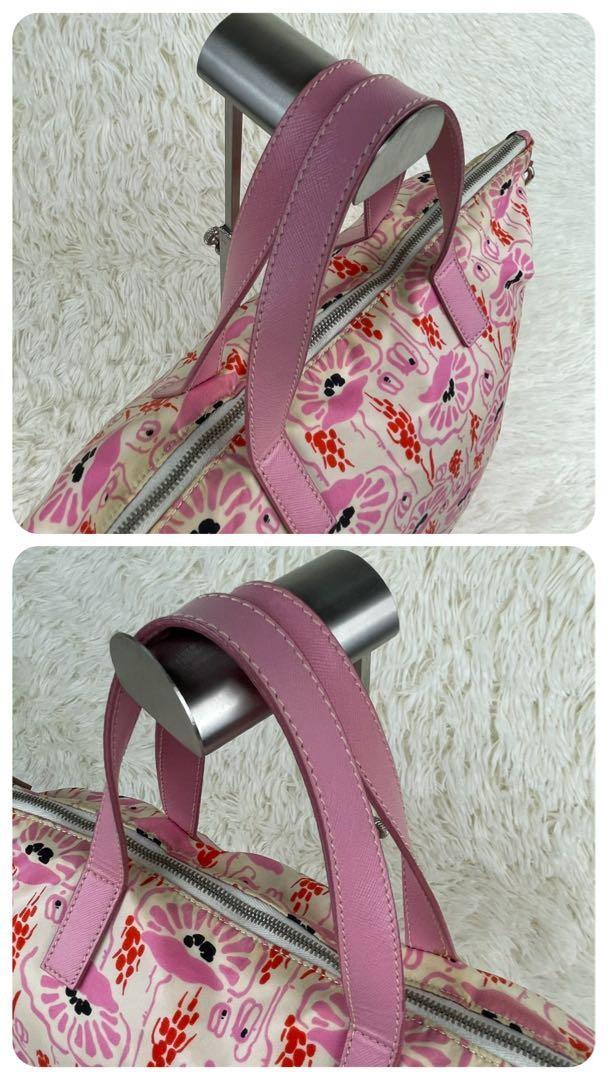 PRADA Hand Bag Tote Purse Logo Nylon Leather Pink Authentic