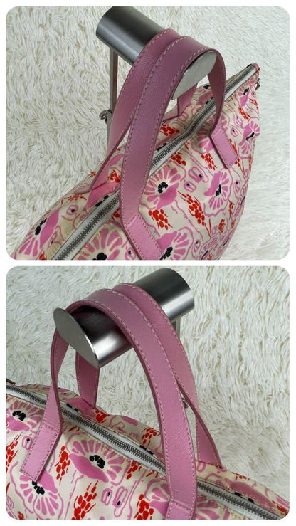 PRADA Hand Bag Tote Purse Logo Nylon Leather Pink Authentic