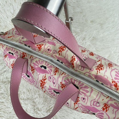 PRADA Hand Bag Tote Purse Logo Nylon Leather Pink Authentic