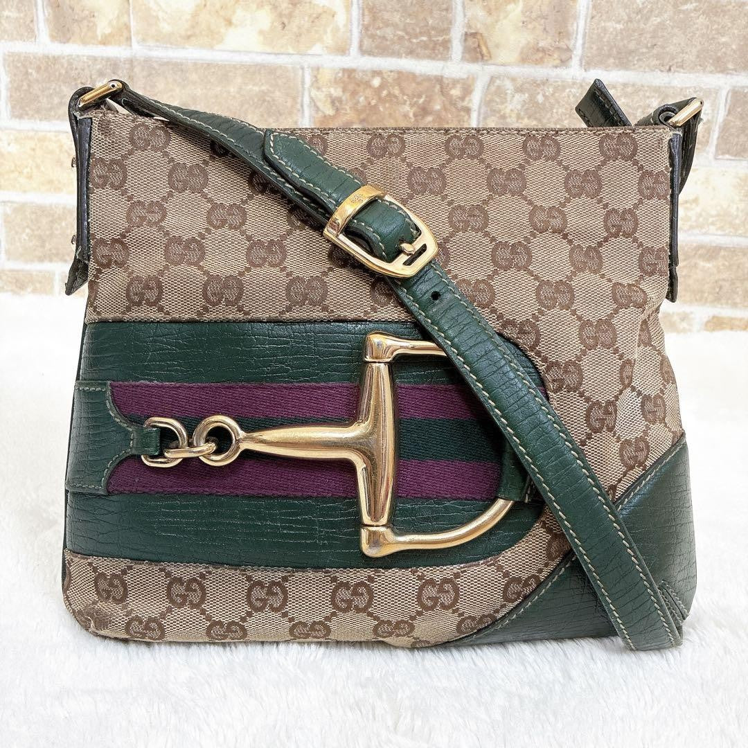 GUCCI Shoulder Bag Purse Sherry Line GG Canvas Leather Beige Authentic