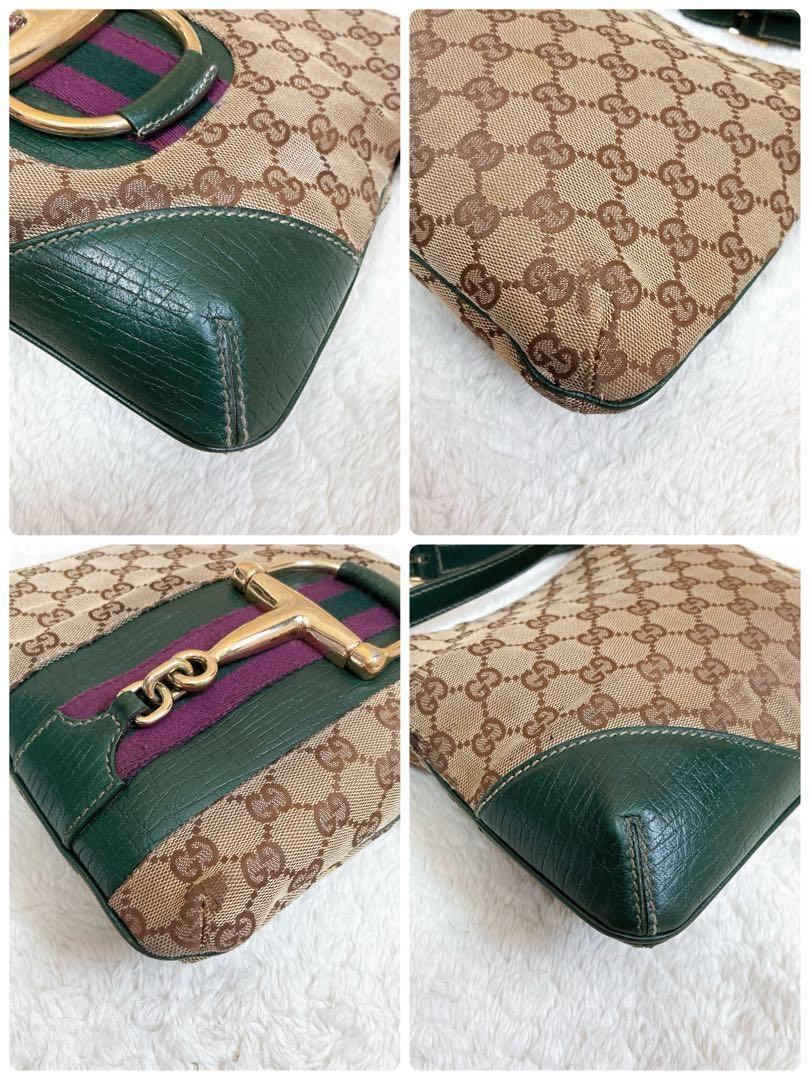 GUCCI Shoulder Bag Purse Sherry Line GG Canvas Leather Beige Authentic