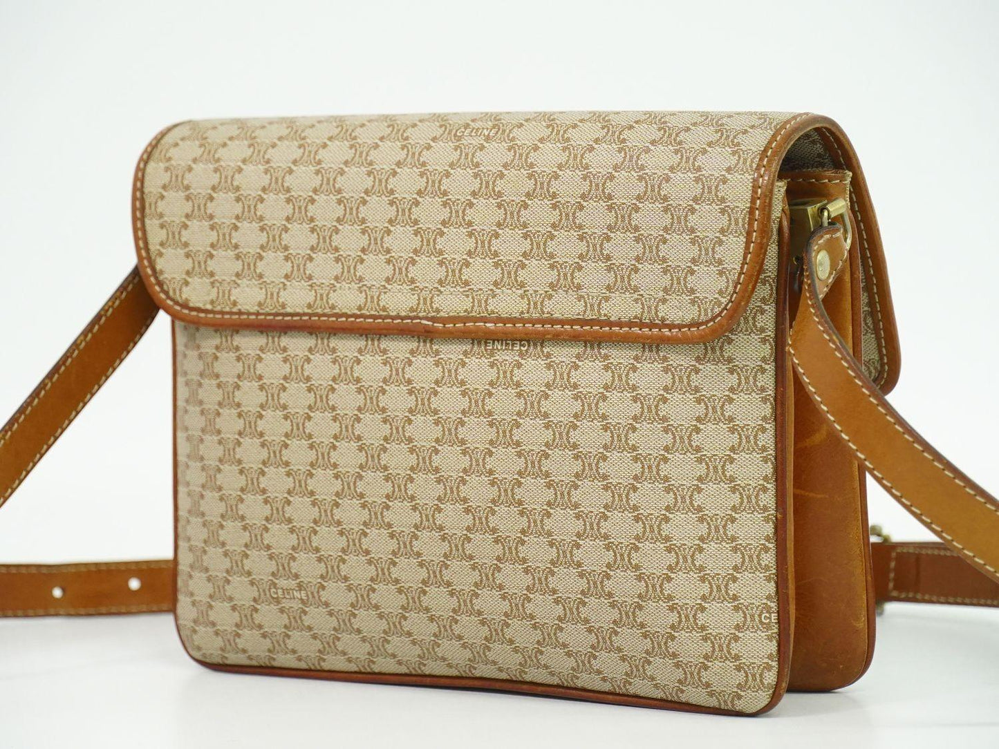 CELINE Shoulder Bag Purse Macadam PVC Beige Authentic