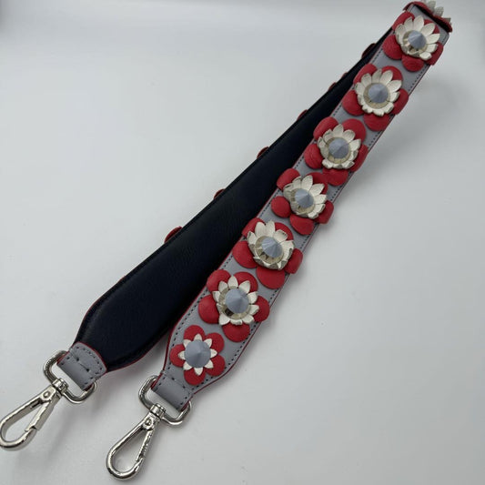 FENDI Shoulder Strap Strap you Belt Flower Leather Red Navy Blue Authentic
