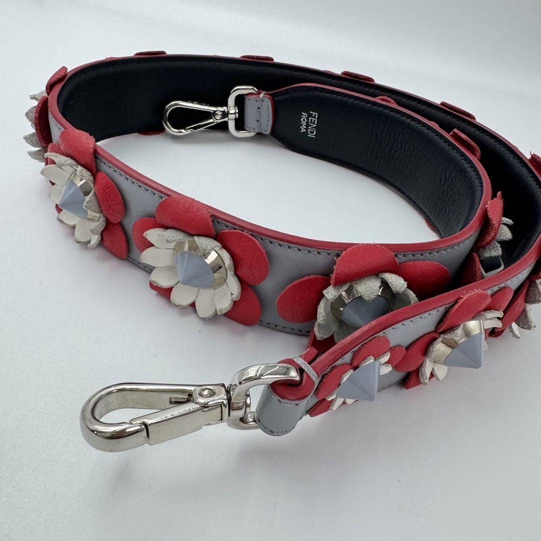 FENDI Shoulder Strap Strap you Belt Flower Leather Red Navy Blue Authentic