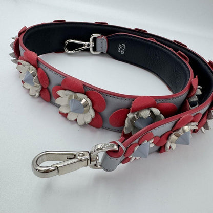 FENDI Shoulder Strap Strap you Belt Flower Leather Red Navy Blue Authentic