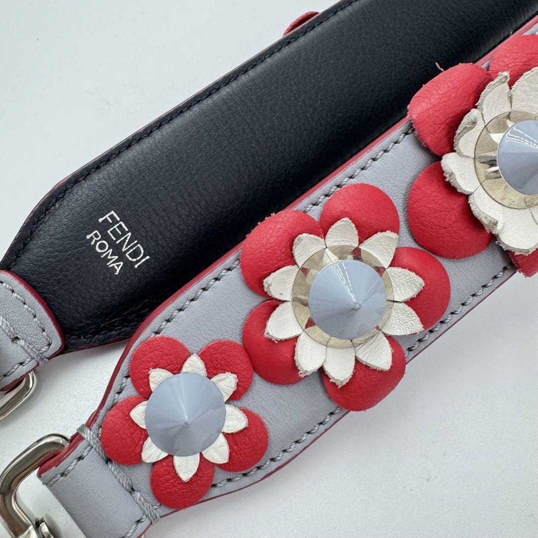 FENDI Shoulder Strap Strap you Belt Flower Leather Red Navy Blue Authentic