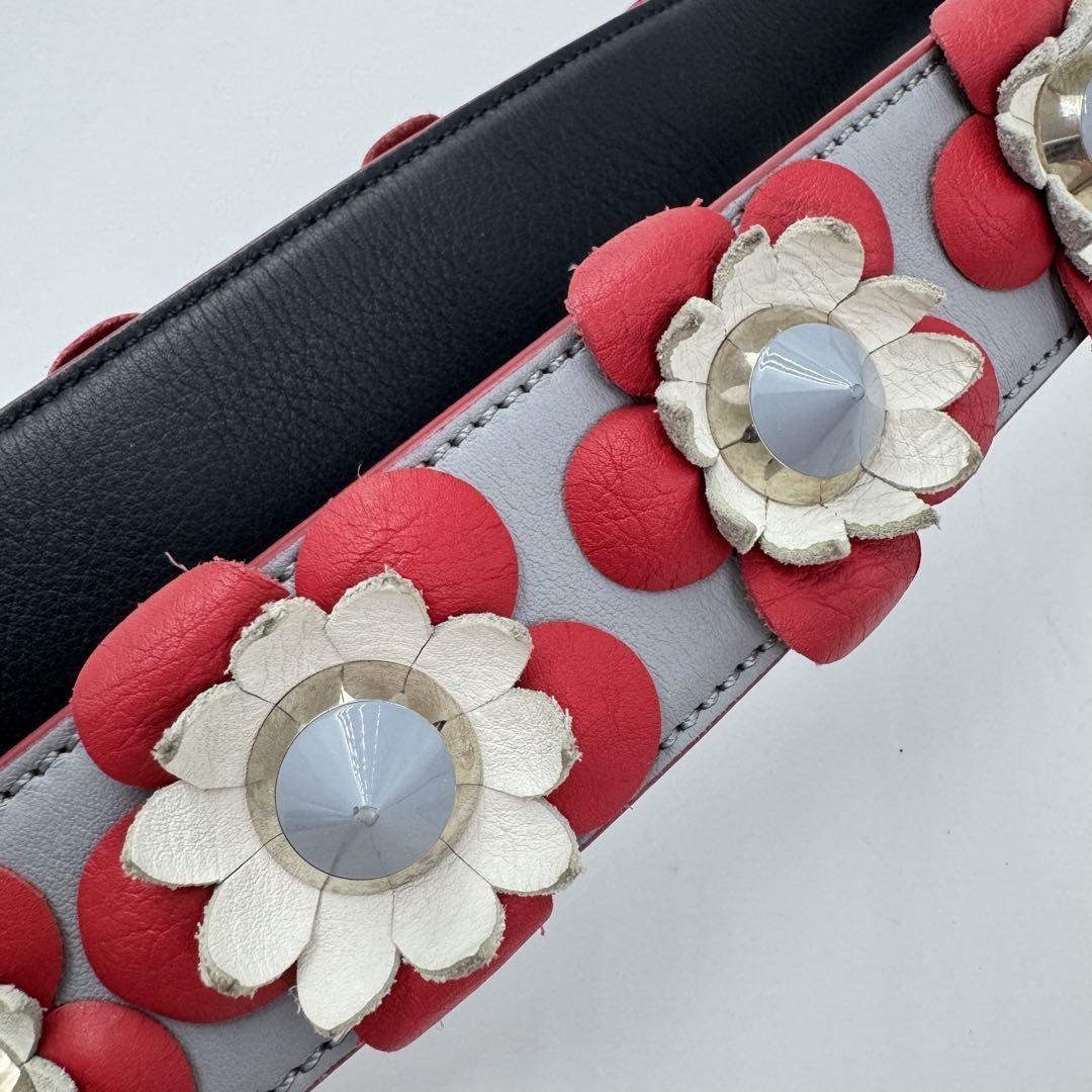 FENDI Shoulder Strap Strap you Belt Flower Leather Red Navy Blue Authentic