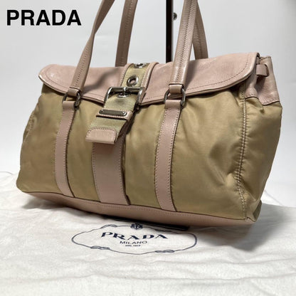 PRADA Hand Bag Tote Purse Logo Nylon Leather Beige Authentic