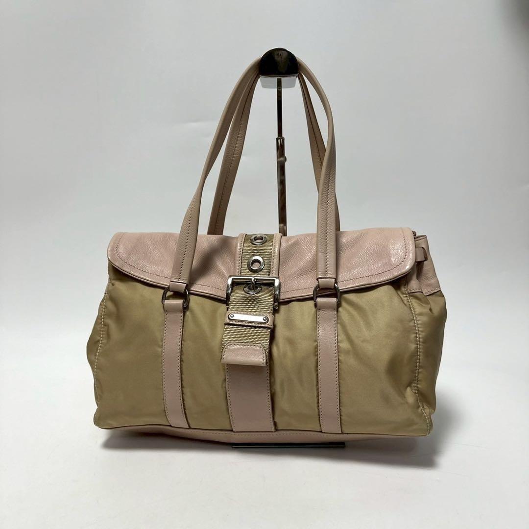 PRADA Hand Bag Tote Purse Logo Nylon Leather Beige Authentic