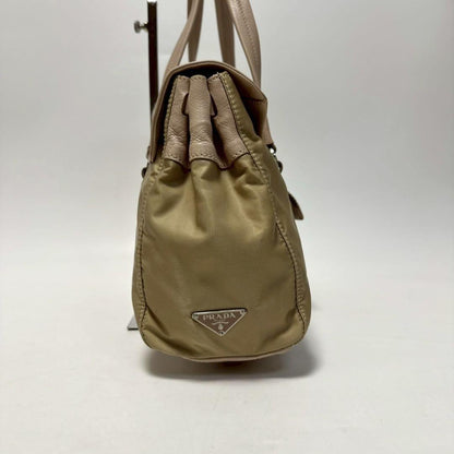 PRADA Hand Bag Tote Purse Logo Nylon Leather Beige Authentic