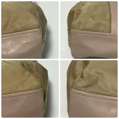 PRADA Hand Bag Tote Purse Logo Nylon Leather Beige Authentic