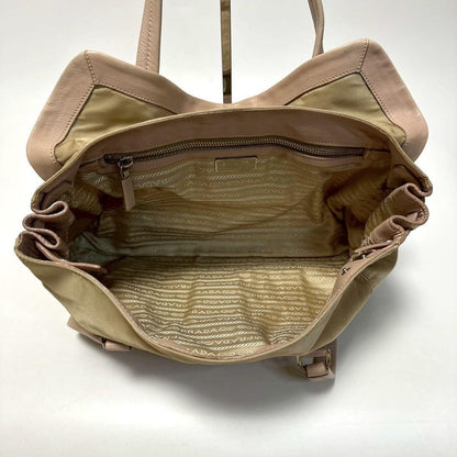 PRADA Hand Bag Tote Purse Logo Nylon Leather Beige Authentic
