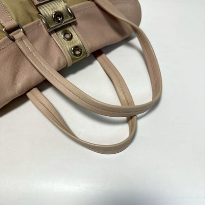 PRADA Hand Bag Tote Purse Logo Nylon Leather Beige Authentic