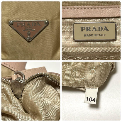 PRADA Hand Bag Tote Purse Logo Nylon Leather Beige Authentic