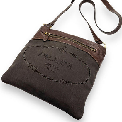 PRADA Shoulder Bag Purse Canvas Leather Brown Authentic