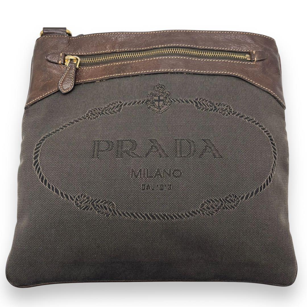 PRADA Shoulder Bag Purse Canvas Leather Brown Authentic