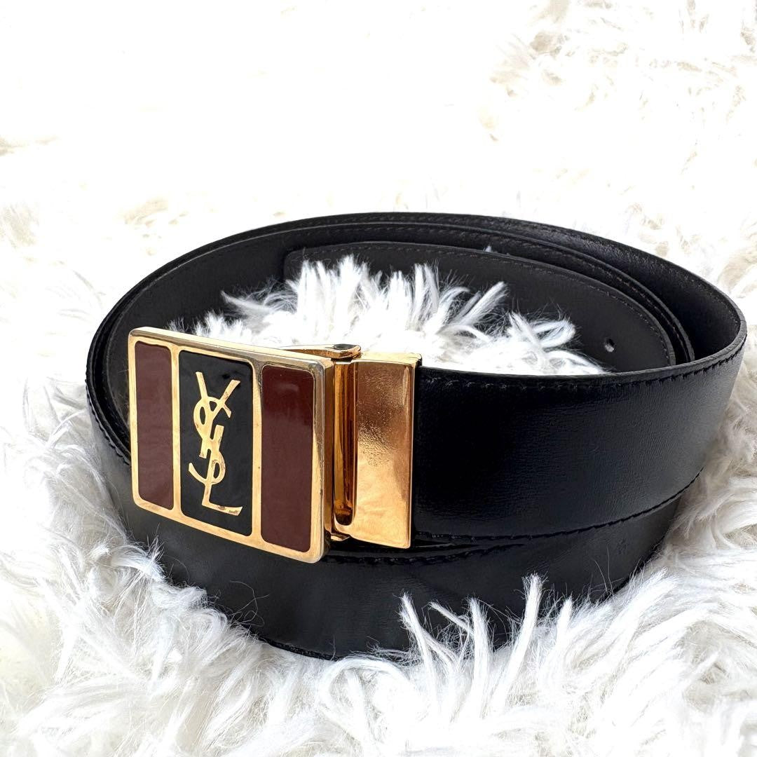 Saint Laurent Men's Belt YSL Cassandra Leather Gold Black Authentic