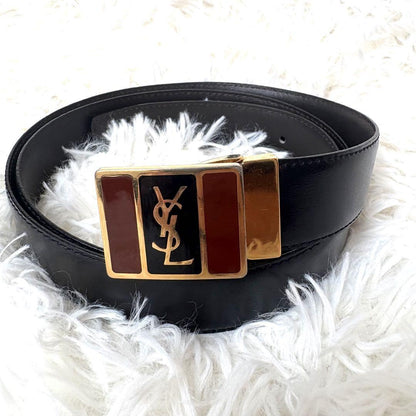 Saint Laurent Men's Belt YSL Cassandra Leather Gold Black Authentic