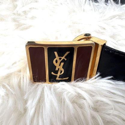 Saint Laurent Men's Belt YSL Cassandra Leather Gold Black Authentic